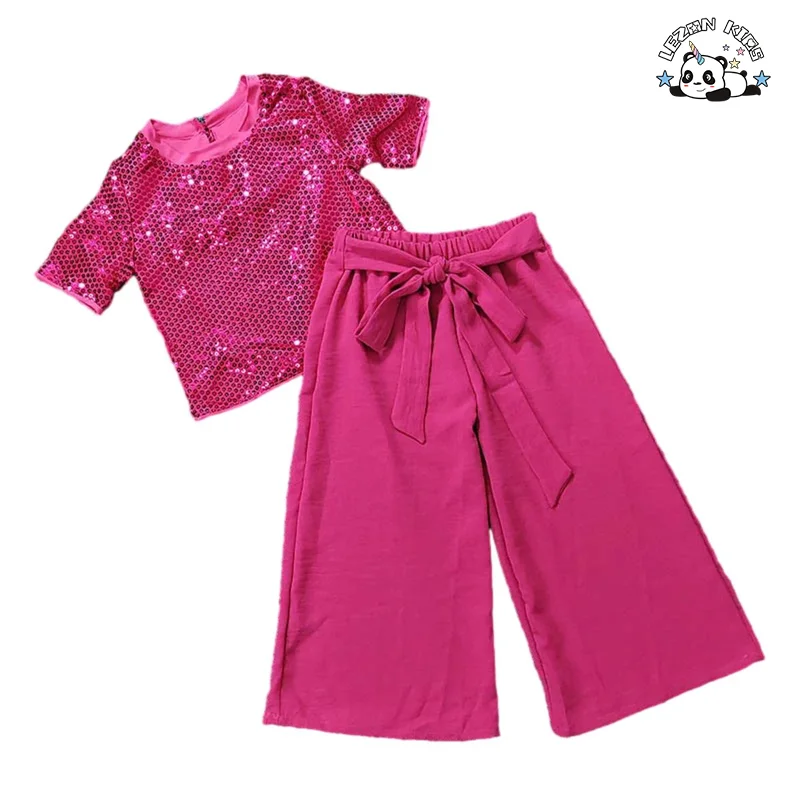 LEZONKIDS - Beaded Suit for Girls Sequined Short Sleeves Top Casual Wide-leg Pants Lace-up Girls Clothing Set